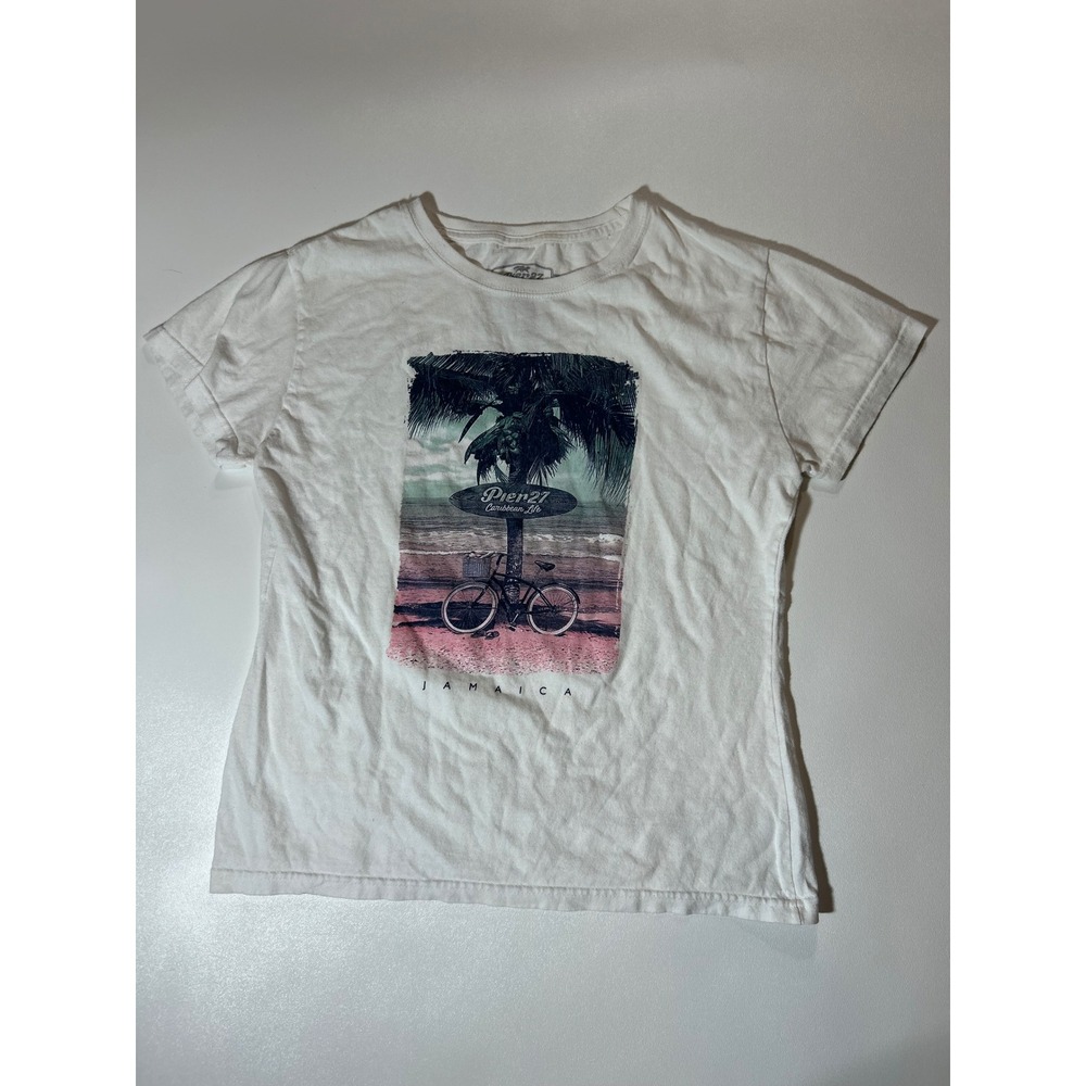 Pier 27 Graphic T-Shirt Womens L White Excellent Jamaica Caribbean Beach Tee